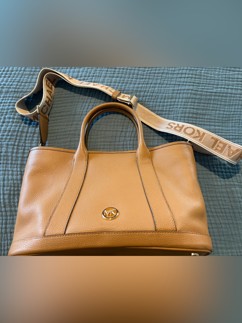 Michael Kors Cognac Leather Shoulder Tote with Branded Strap